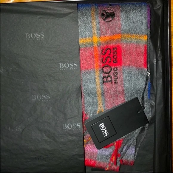 Vintage Rare HUGO Boss Plaid Merino Wool Scarf